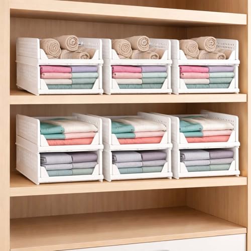Image of Go Hooked Foldable Wardrobe Organizer with Drawer Style Pull Out Design | Pack of 12 Small (44x34x14.5 cm) Shelf Storage Box | Heavy Duty Plastic Shirt Stacker for Cupboard, Almirah & Closet | White