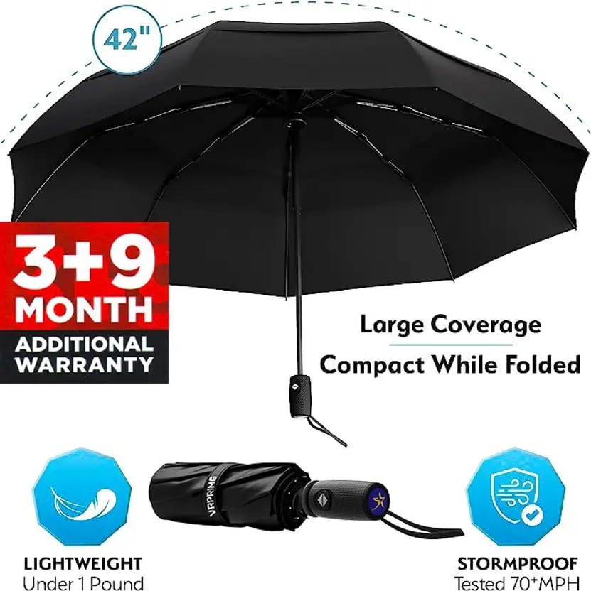 Image of VR PRIME Umbrella for Rain | Big Size | 3 Fold Travel Umbrella for Rain, Sun Protection, Windproof Reinforced 10 Dual Ribs, Automatic Open /Close (Black)
