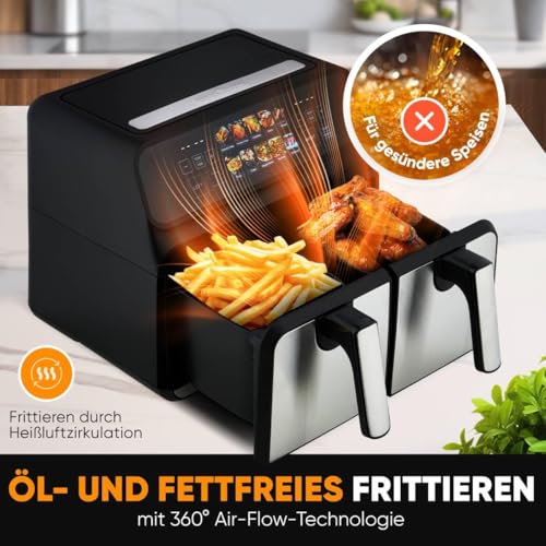 ProfiCook Heißluftfritteuse 2 Kammern | 8L Heißluft Fritteuse Doppelkammer | kein Öl oder Fett...