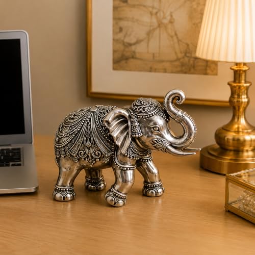 Image of KYAT Pure 999 Fine Silver Kamdhenu Cow with Calf Idol Elephant Pair (Elephant Pair 1-3'')