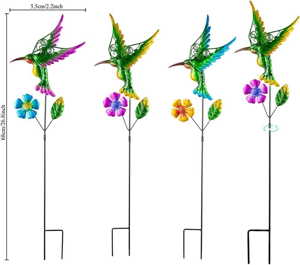 3 Pcs Hummingbird Decorative Garden Stakes with Metal Flower Set Spring Outdoor Decor,Metal Yard Art Stakes for Outside Garden Porch Lawn Plant Pot Flower Bed