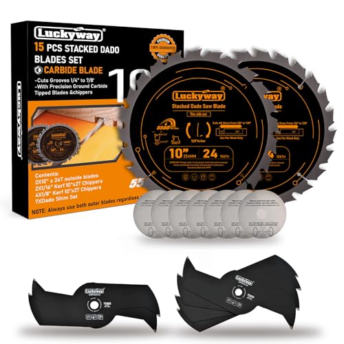 Luckyway Dado Blades for 10 Inch Table Saw Cutting Width from 1/4 to 7/8 in 1/16 Stacked Dado Blade Set 10 Inch Dado Blade 24 Carbide Tip Tooth with 5/8 Inch Arbor - 15 Pieces