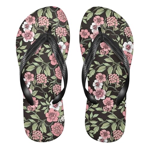 Floral Leaf Blossom Black Flip Flops for Beach Thong Sandals Anti-slip Lightweight Shower Shoes for House Indoor Outdoor