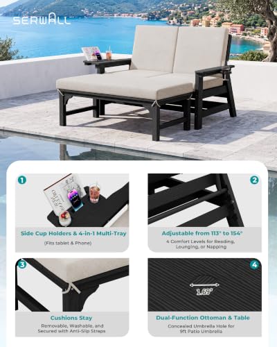 Image of SERWALL 2-in-1 Convertible Sofa Daybed with Cushions & Ottoman Table Set | HDPE 4-Position Reclining Outdoor Patio Lounge Chair, 4-in-1 Cup Holder Daybed Sofa Furniture, Black Frame with Khaki Cushion