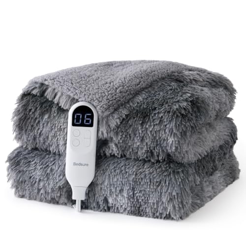 Image of Bedsure Faux Fur Heated Blanket Throw, Long-Pile Electric Blanket, Grey