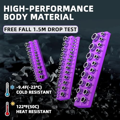Image of Magnetic Socket Organizer Set, 3-Piece Socket Holder Trays for 1 /4 inch 3 /8 inch 1 /2 inch Drive Sockets, Organizes 68 Metric Sockets, Purple Tool Box Organizer (Sockets Not Included)
