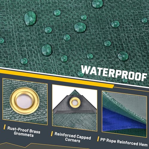Image of Kesfitt 16 Mil Heavy Duty Waterproof Tarp with Metal Grommets, Dark Green & Blue Reversible Poly Tarp, 20x25 ft, for Outdoor Protection, Yard, Garden, Farm, Camping & Equipment Coverage