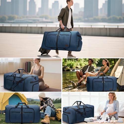 Image of Urtala Travel Duffel Bag for Women & Men, Large Foldable Overnight Weekender Bag with Shoes Compartment & Shoulder Strap, Lightweight Waterproof Luggage Bag, Dark Blue, 80L, Fashion