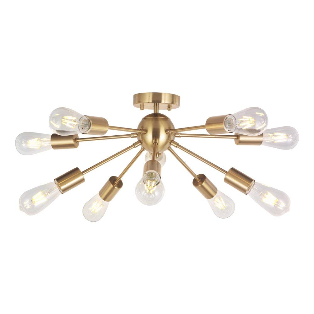 Modern Sputnik Chandelier Lighting 10 Lights Brushed Brass Semi Flush Mount Ceiling Light Gold Mid CentuPendant Lighting by BONLICHT