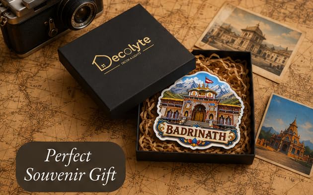 Image of Badrinath Temple Theme Wooden Fridge Magnet Souvenir | 3x3 in Kitchen Home Decor Gift