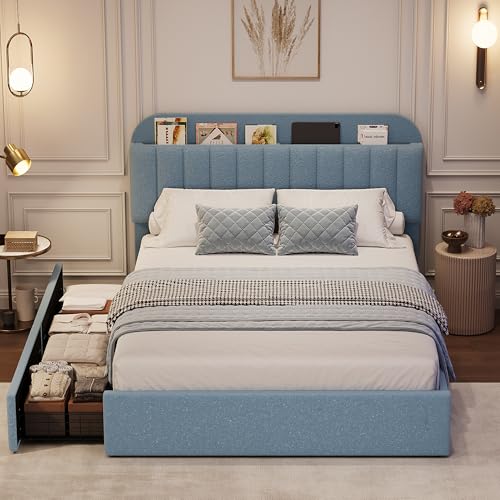 GarveeHome Full Bed Frame with Storage Headboard, Kids Bed Frame with 2 Drawers, Boucle Upholstered Platform Bed with Bookcase, No Box Spring Needed, Easy Assembly, Blue