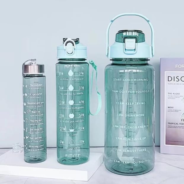 Image of inulec 3-in-1 Transparent Water Bottle Set (2000ML, 900ML, 300ML) with Motivational Time Markers, Leakproof & Gym Bottles, Fitness, Travel (3 Pics Transparent Water Bottle) (GREEN)