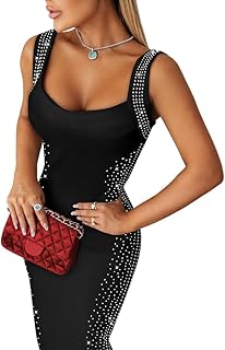 Women's Elegant Sleeveless Rhinestone Bodycon Midi Dress Square Neck Spa...