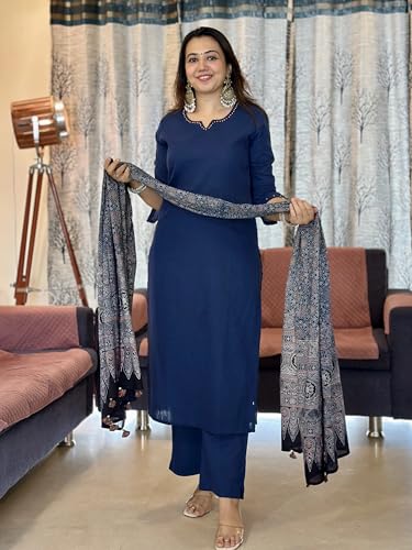 Image of GoSriKi Kurta Set for Women Viscose Solid | Kurti Set for Woman | Kurta Pant Dupatta 3 Piece Outfit | Round Neck V Slit 3 /4 Sleeve Regular Fit Ethnic Dress Stylish Womens Clothing