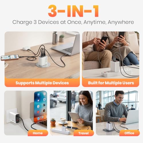 Image of LAPCARE Trio Thumby 65W GaN Wall Charger - Dual USB-C PD & USB-A Fast Charger, Compact 3-Port Compatible Adapter for MacBook, iPhone, Samsung, iPad, and More