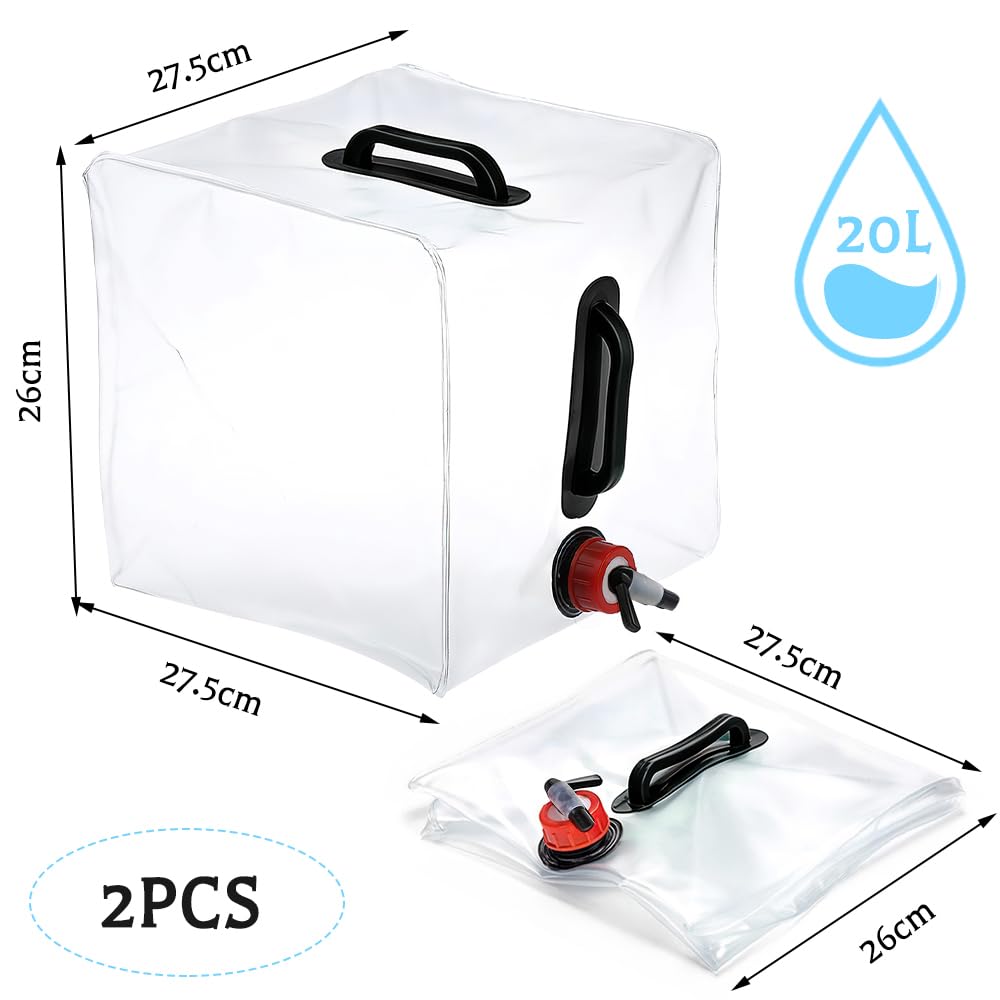 dellyy Bidon 20L, 2 Pièces Grande Capacité Bidon Pliant Eau avec Robinet, Reservoir Eau Pliable sans BPA, pour Camping Picnic(Noir)