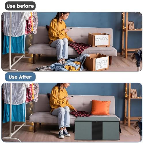 Image of Kuber Industries Rexine Underbed Storage Bag | Foldable Blanket Bags | Waterproof Clothing-Bedding Bag | Closet Wardrobe Organizer | Carry Handle | Black Patti | Large | Grey, 48cm, 40cm