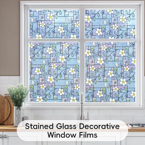 Image of WOO Home Frosted Glass Window Film & Stickers (24 X 72 Inchs) Privacy Window Cover for Home & Office - Easy Apply, UV Protection, Removable Decorative Film (Blue Patti Flower 2 X 6 SQFT)