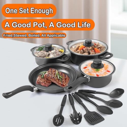 Image of 13pcs Non-Stick Iron Kitchen Cookware Set with Lids - Includes 1Pc Frying Pan, 2Pcs Casserole, 1Pc Sause Pan with 3 Lids & 6Pcs Ladle Set Induction Safe - Nylon Utensils - Beginner Cooking Set