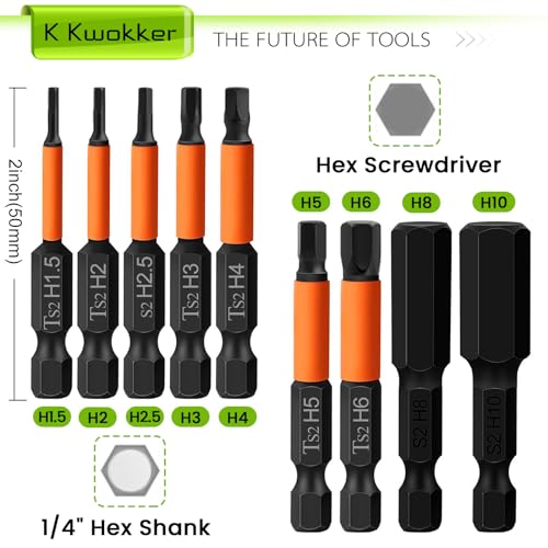 K Kwokker 9pcs 50mm Allen Key Drill Bit Set, S2 Steel Metric Hex Head Allen Wrench Drill - Image 3