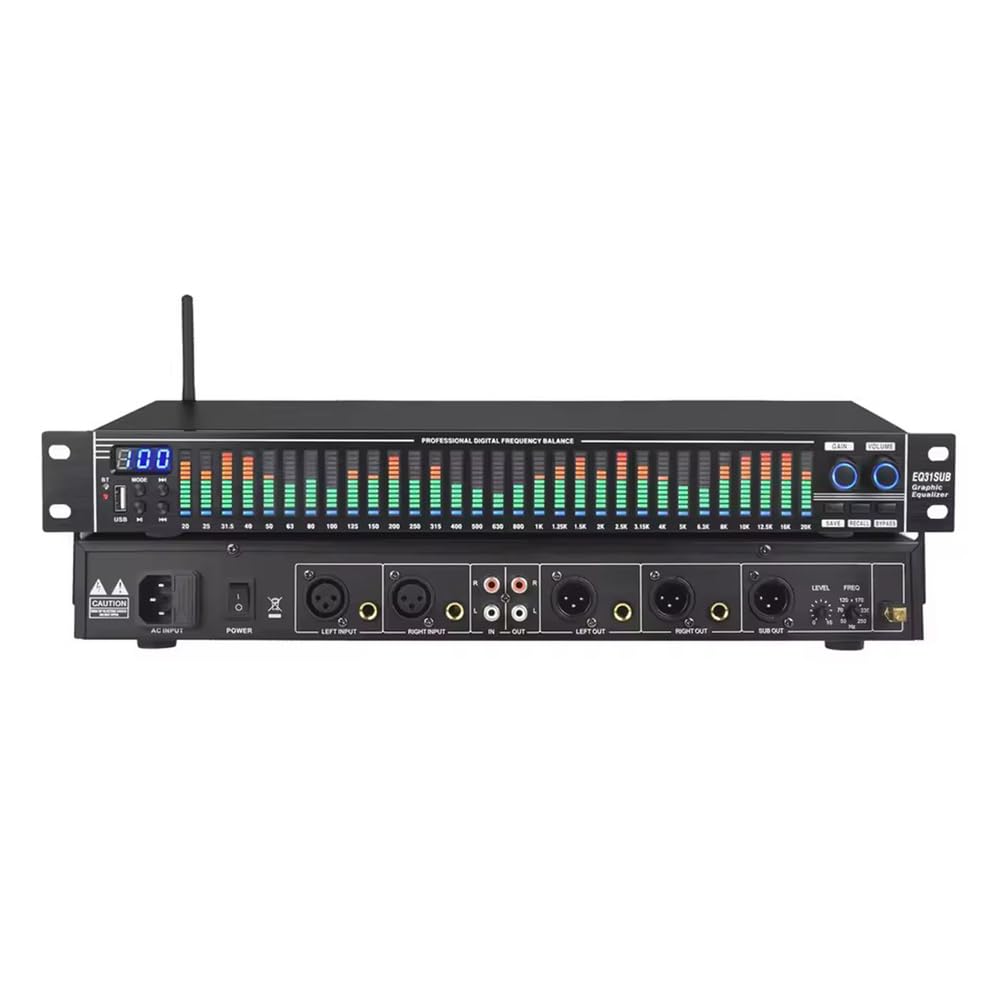 Ecualizador Digital EQ31SUB Sintonizador de 31 Bandas Procesamiento de Audio con reducción de Ruido de Escenario Profesional Ecualizador gráfico estéreo con Pantalla LED de Espectro