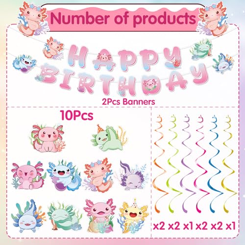 Image of Gameza Colorful Axolotl Birthday Decorations - 12PCS Axolotl Party Decorations Happy Birthday Banners Hanging Swirls Cute Funny Pink Blue Green Yellow Animals Themed Party Decor Supplies