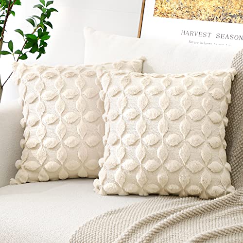 Artscope 2er Set Wolle Kissenbezüge Weicher Plüsch Kurzer Wollsamt Dekokissenbezuge Luxuriöses Sofakissen Boho Kissenhülle für Sofa Schlafzimmer Blumenmuster Creme Beige, 50x50cm