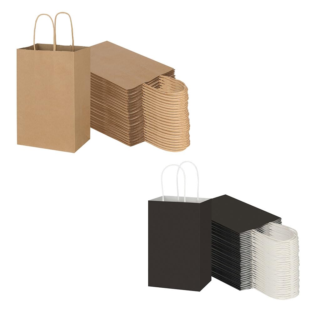 Toovip Each 100 Pack Small Brown & Black Kraft Paper Gift Wrap Bags with Handles Bulk