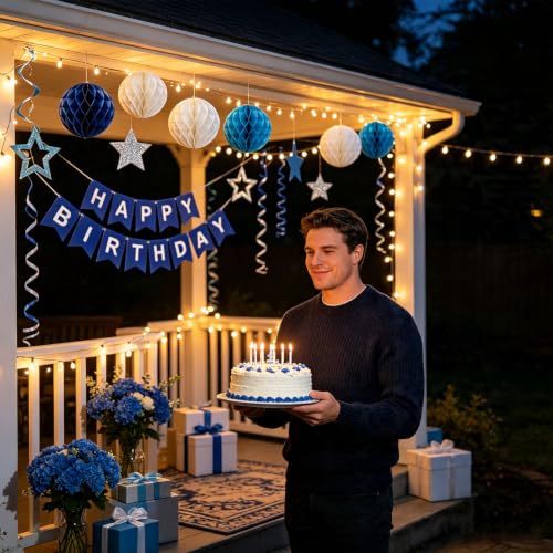 Image of Blue Birthday Decorations for Men | Pre-Strung Happy Birthday Banner with Honeycomb Balls, Circle Dots & Streamers Kit