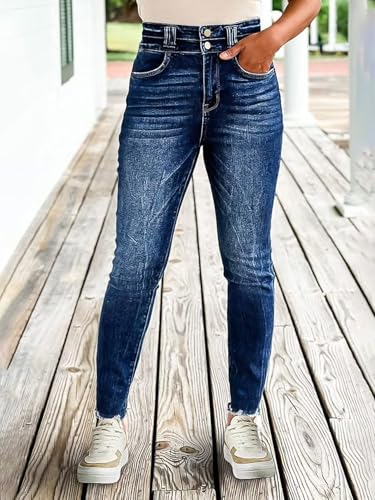 Flamingals Skinny Jeans for Women Mid Rise Casual Stretchy Raw Hem Double Button Washed Denim Jeans2