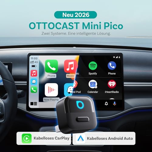(2026 Neu) OTTOCAST 2-in-1 Wireless CarPlay & Android Auto Adapter, Ottocast Mini Pico mit EIN-Knopf-Trennung, WiFi 6, Bluetooth 5.4, Plug & Play für Fahrzeuge mit werkseitigem CarPlay/Android Auto