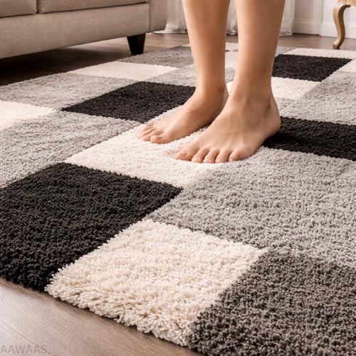 Image of 3D Shaggy Polyester Carpet Rug Runner Area Mats for Bedroom /Living Area /Home with Anti Slip Backing Soft /Fluffy Hight Pile - (3D Black B, 6x9 feet)