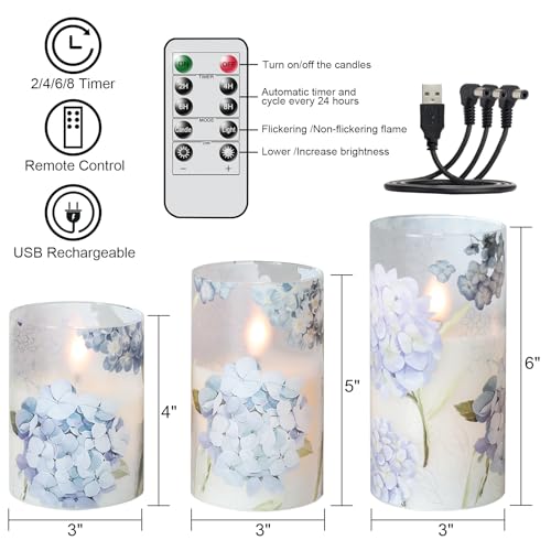 Image of Rechargeable Hydrangea Glass Flameless Candles with Remote Timer Battery Operated LED Flickering Pillar Candles Real Wax Spring Dinner Christmas Holiday Decor D3 x H4, 5 inch, 6 inch