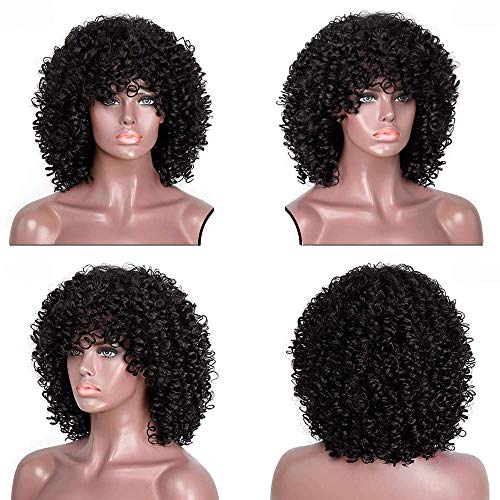 LBE Afro Kinky Curly Synthetic Short Wig With Bangs Black HeatÂ Resistant Full Wigs for Women (14 inches, 1B)