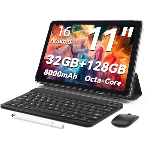 Tablette Android 16,tablette 11 pouces,32 Go + 128 Go extensible à 1 To, pack productivité avec housse clavier, stylet, processeur octa-core, double caméra,...