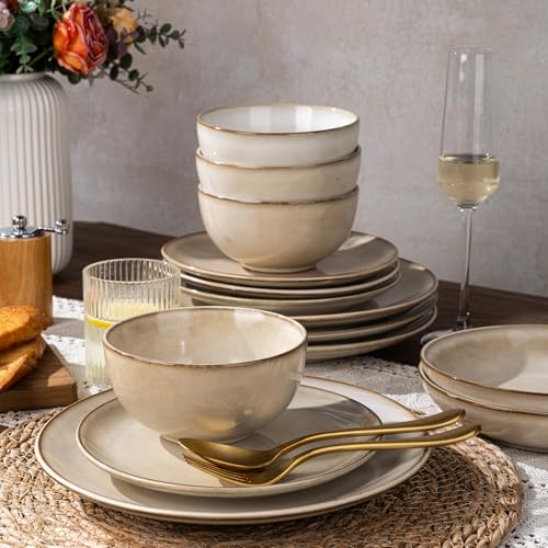 Image of GBHOME Dinnerware Sets For 6, 24Pcs Stoneware Plates and Double Bowls Sets, Dishwasher&Microwave Safe