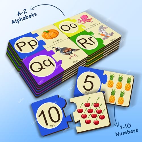 Image of Lefan Alphabet and Number Block Joint Puzzle Wooden Jigsaw Puzzle Toy for Toddlers - Learn A-Z & 1-10 Matching Blocks - Educational Montessori Learning Toy for Kids Age 2 3 4 5 6 Years