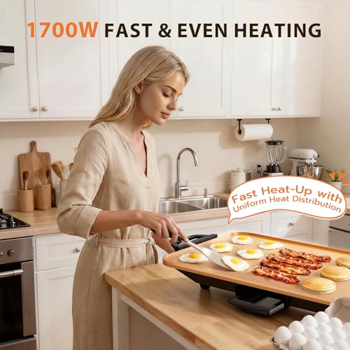 Image of CookSimple Everyday 20 inchx12 inch Electric Griddle-1700W Nonstick PPG Ceramic Surface, Large Flat Design, Perfect for Family Meals, Pancakes&Eggs, Fast Even Heating, Easy to Clean, Ceramic Copper