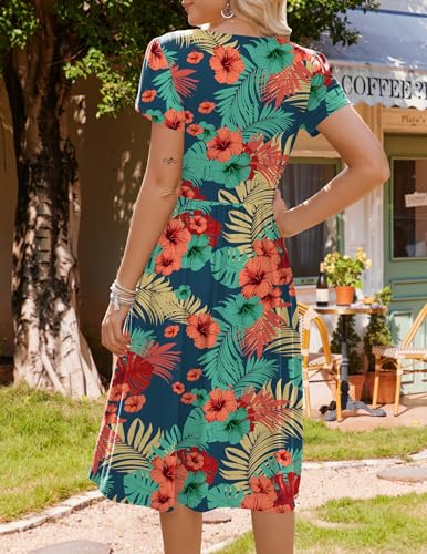 Image of HOTOUCH Women's Summer A-Line Midi Dresses 2026 Casual Floral Short Sleeve T-Shirt Dress Flowy Beach Sundress with Pockets