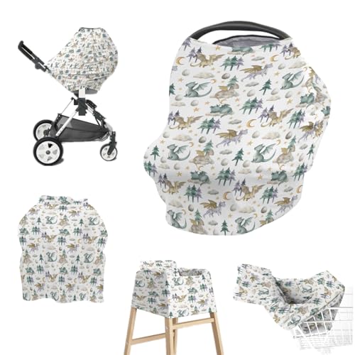 Image of EyMzcod Baby Boy 5-in-1 Car Seat Cover Watercolor Dragon Tale, Multi-use Privacy Nursing Breastfeeding Cover, Carseat Canopy Carrier Newborn Infant Gift