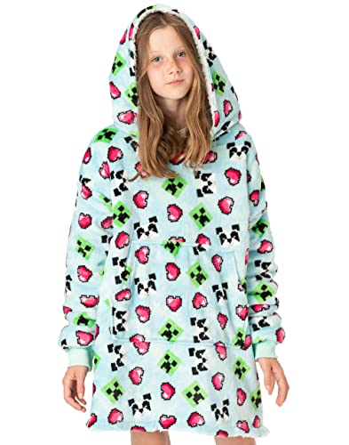 Minecraft Girls Oversized Blanket Hoodie | Kids Creeper Panda Hearts Double Lined Sherpa Fleece Blue Sweater | One Size Sweater Big Pocket