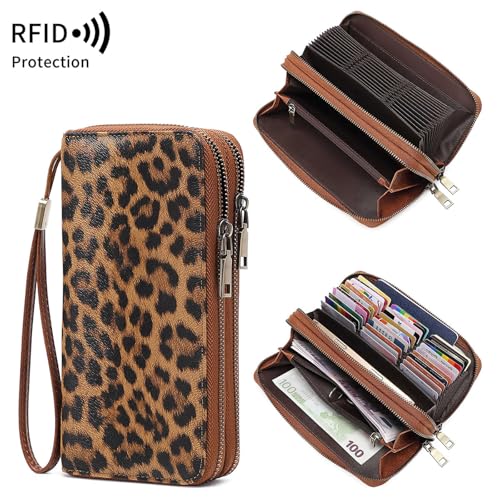 Image of Women Leather Wallet Crossbody Shoulder Bag with Double Zipper and Mobile Phone Purse with Shoulder Strap
