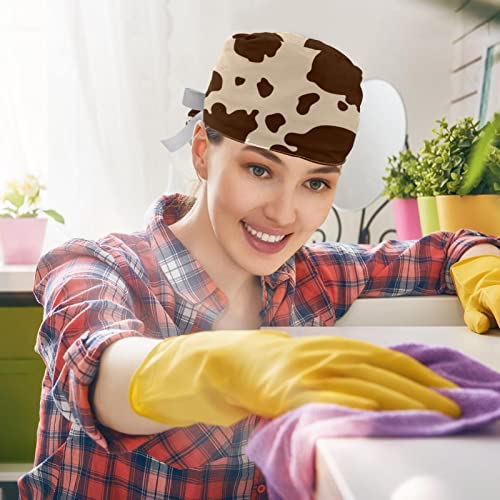 Image of 2 PCS Bouffant Cap with Button Ponytail Pouch Working Cap Sweatband Adjustable Surgical Cap Black and White Cow