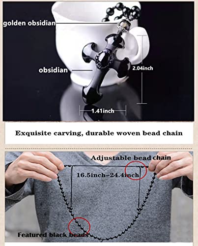 Black Obsidian Cross Necklace, Natural Obsidian Cross Healing Crystal Energy Stone Protection Amulet Charm Pendant Necklace for Women Men Couples Pendant Necklace with Adjustable Bead Chain2