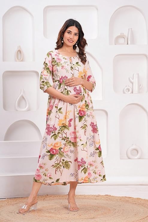 Image of Women's Pure Cotton Floral Printed Maternity Feeding Kurti with Zipper Feeding Dress for Women Feeding Gown