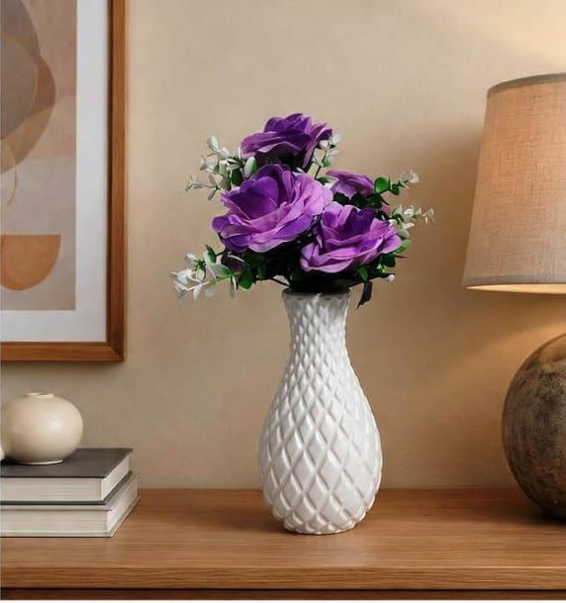 White Plastic Flower Purple Color Bunch Without Pot, Artificial Decor