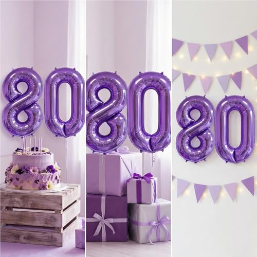 Image of Number Balloons for Birthday Decorations - 40 Inch Large Party Balloons 80, Purple Foil Number Balloons for Boys Girls, Balloons for Party Supplies