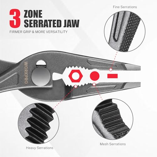 WORKPRO Long Nose Slip Joint Pliers, 8'' Needle Nose Pliers with Comfortable Grip Handles, 3-Zone Serrated Jaw Forged from Premium CR-V Steel for Clamping, Tightening and Loosening - Image 6