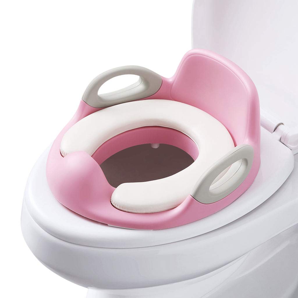 Potty Training Seat Cover with Handle for Kid Children Toddler Toilet Trainer Seat Chair for Boys Girls Baby with Detachable Soft Cushion Splash Guard Higher Backrest Fits Round Oval Toilets (Pink)