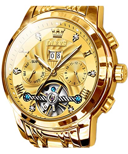 Image of OLEVS Men Automatic Watch Skeleton 5 Hands Mechanical Classic Luxury Multi Calendar Stainless Steel Waterproof Wrist Watch for Men